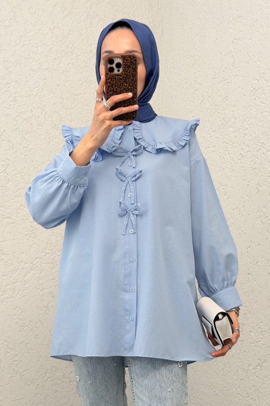 Fırfır Yakalı Tesettür Tunik 1596 - BEBE MAVİSİ