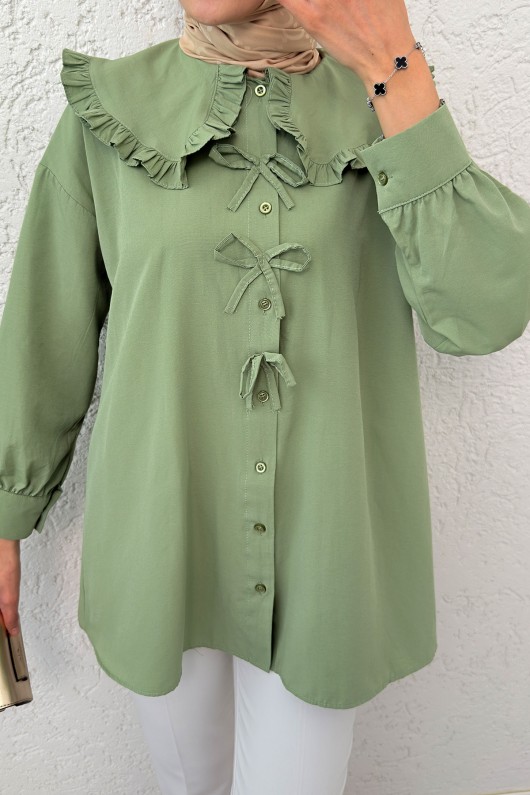 Fırfır Yakalı Tesettür Tunik 1596 - HAKİ Fırfır Yakalı Tesettür Tunik 1596 - HAKİ