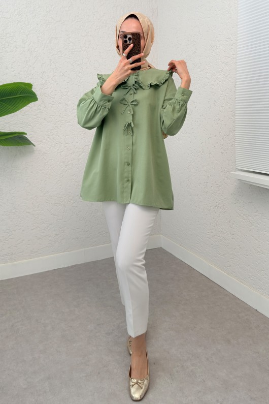 Fırfır Yakalı Tesettür Tunik 1596 - HAKİ Fırfır Yakalı Tesettür Tunik 1596 - HAKİ