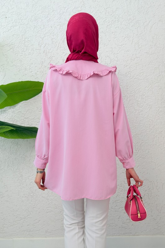 Fırfır Yakalı Tesettür Tunik 1596 - PEMBE Fırfır Yakalı Tesettür Tunik 1596 - PEMBE