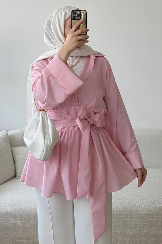 Kimono Kol Fiyonklu Tunik 1613 - PEMBE