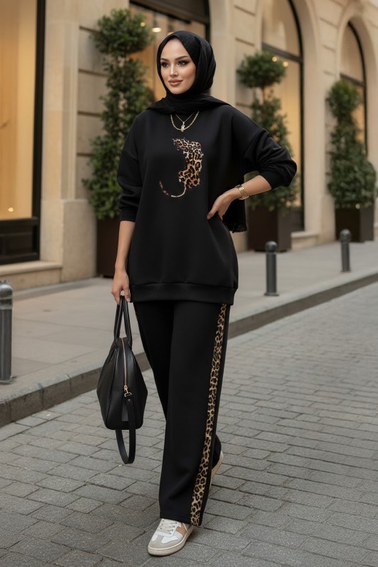 Leopar Nakışlı Şardonlu İkili Takım 1813 - SİYAH