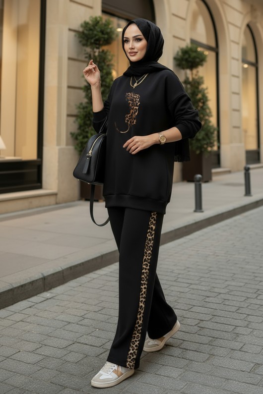 Leopar Nakışlı Şardonlu İkili Takım 1813 - SİYAH