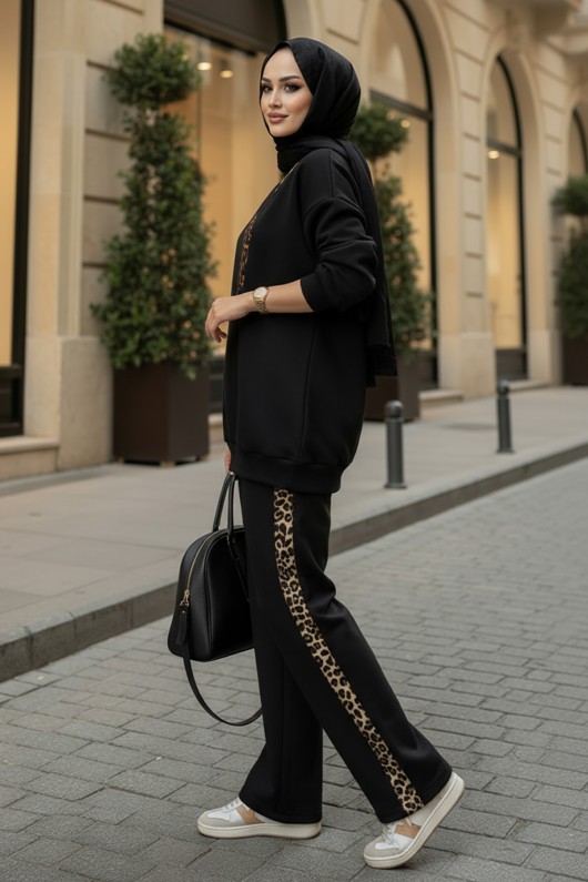 Leopar Nakışlı Şardonlu İkili Takım 1813 - SİYAH