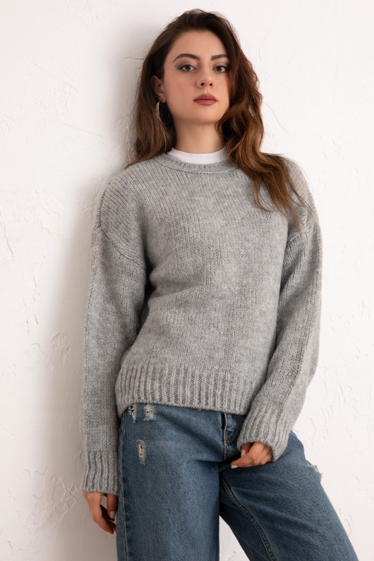 Bisiklet Yaka Basic Kazak 19185 - GRİ