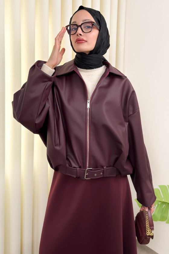 Kemer Detaylı Bomber Suni Deri Ceket 2017 - BORDO