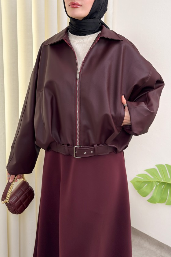 Kemer Detaylı Bomber Suni Deri Ceket 2017 - BORDO