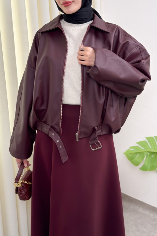 Kemer Detaylı Bomber Suni Deri Ceket 2017 - BORDO Kemer Detaylı Bomber Suni Deri Ceket 2017 - BORDO