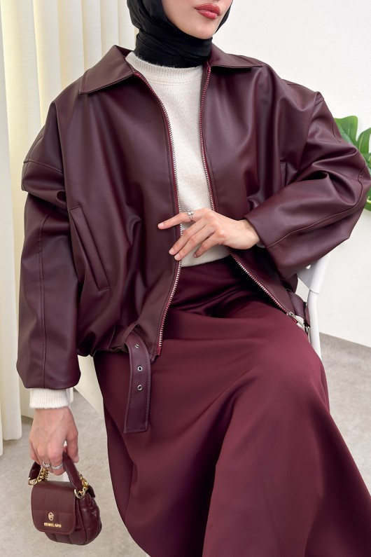 Kemer Detaylı Bomber Suni Deri Ceket 2017 - BORDO Kemer Detaylı Bomber Suni Deri Ceket 2017 - BORDO