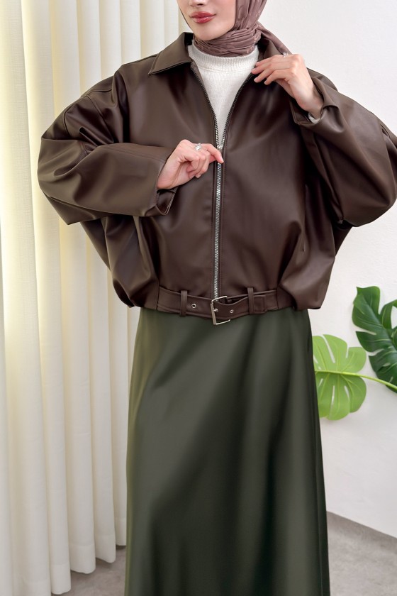 Kemer Detaylı Bomber Suni Deri Ceket 2017 - KAHVERENGİ