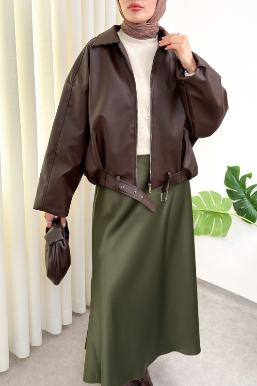 Kemer Detaylı Bomber Suni Deri Ceket 2017 - KAHVERENGİ