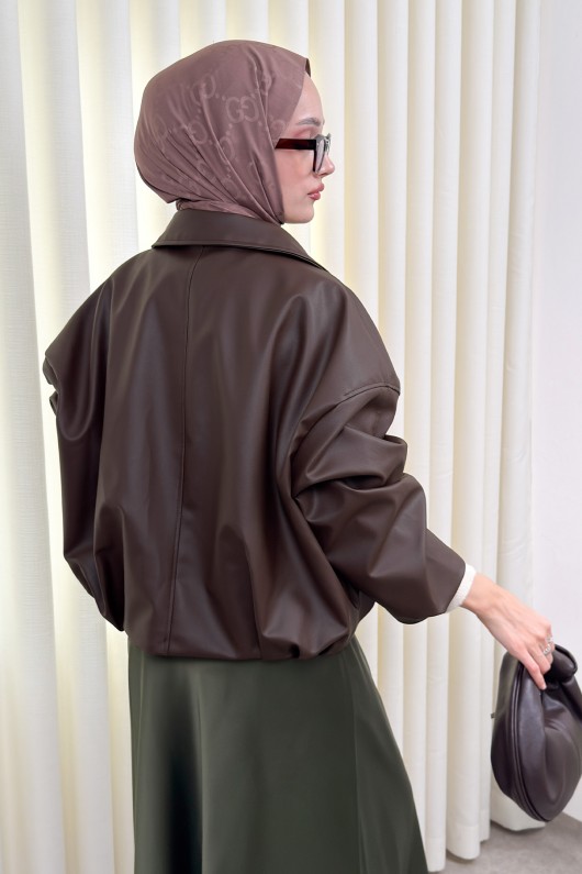 Kemer Detaylı Bomber Suni Deri Ceket 2017 - KAHVERENGİ