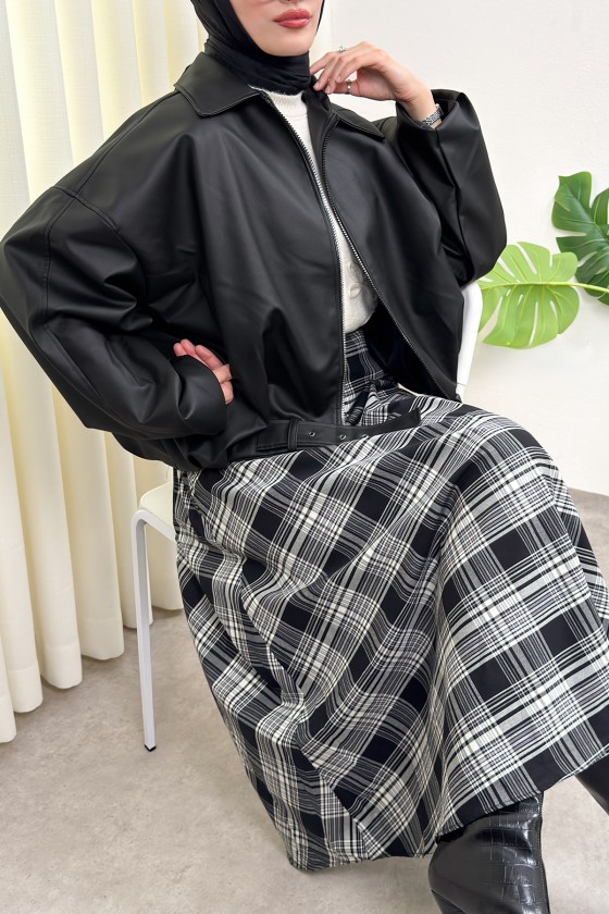 Kemer Detaylı Bomber Suni Deri Ceket 2017 - SİYAH