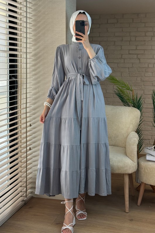 2024 Hakim Yaka Kuşaklı Elbise - GRİ