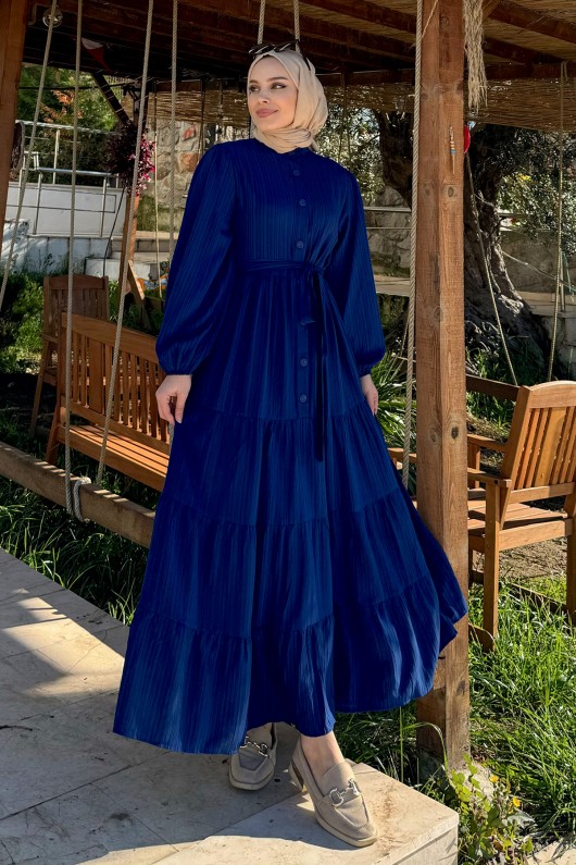 2024 Hakim Yaka Kuşaklı Elbise - LACİVERT