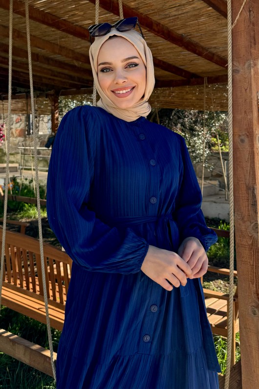 2024 Hakim Yaka Kuşaklı Elbise - LACİVERT