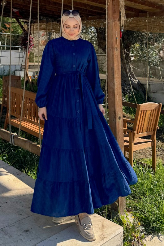 2024 Hakim Yaka Kuşaklı Elbise - LACİVERT