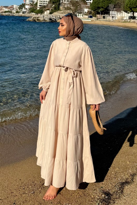 2024 Hakim Yaka Kuşaklı Elbise - KREM 2024 Hakim Yaka Kuşaklı Elbise - KREM