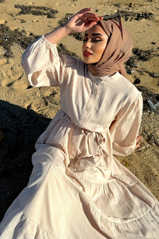 2024 Hakim Yaka Kuşaklı Elbise - KREM 2024 Hakim Yaka Kuşaklı Elbise - KREM