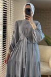 2024 Hakim Yaka Kuşaklı Elbise - GRİ