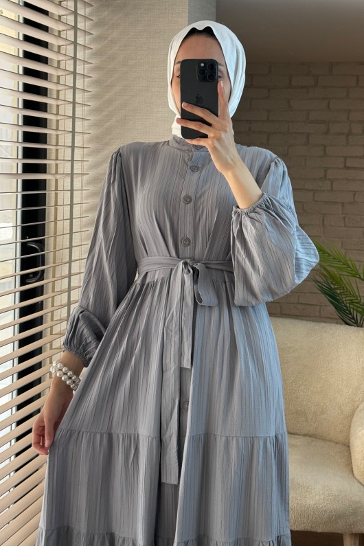 2024 Hakim Yaka Kuşaklı Elbise - GRİ
