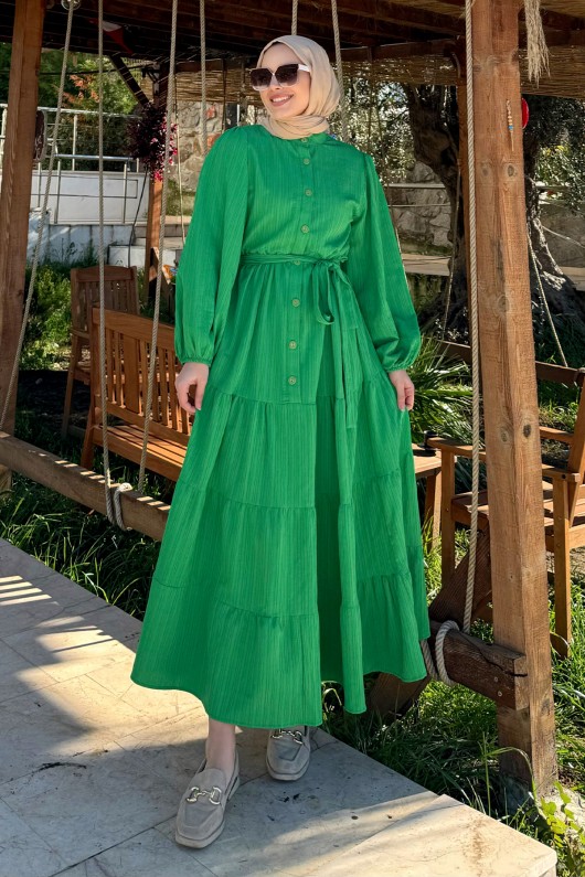 2024 Hakim Yaka Kuşaklı Elbise - YEŞİL
