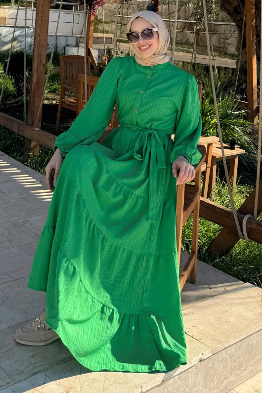 2024 Hakim Yaka Kuşaklı Elbise - YEŞİL