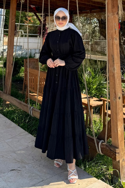 2024 Hakim Yaka Kuşaklı Elbise - SİYAH