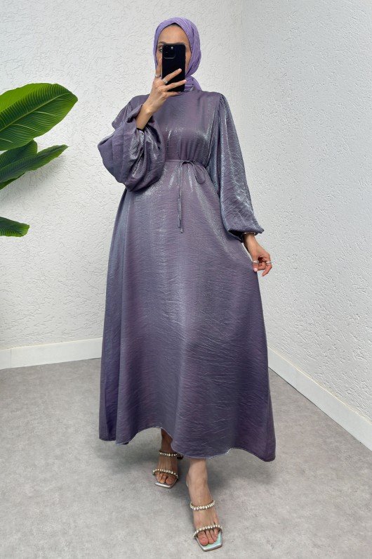 2025 Balon Kol İp Kemerli Elbise - MOR