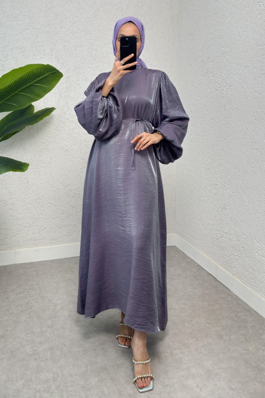 2025 Balon Kol İp Kemerli Elbise - MOR