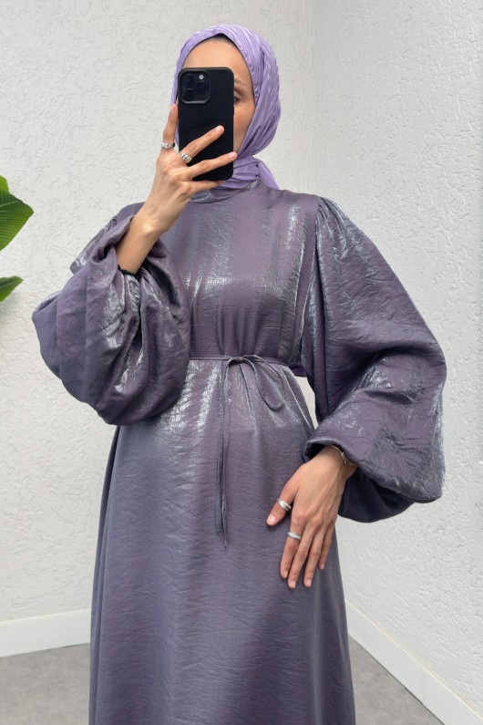 2025 Balon Kol İp Kemerli Elbise - MOR