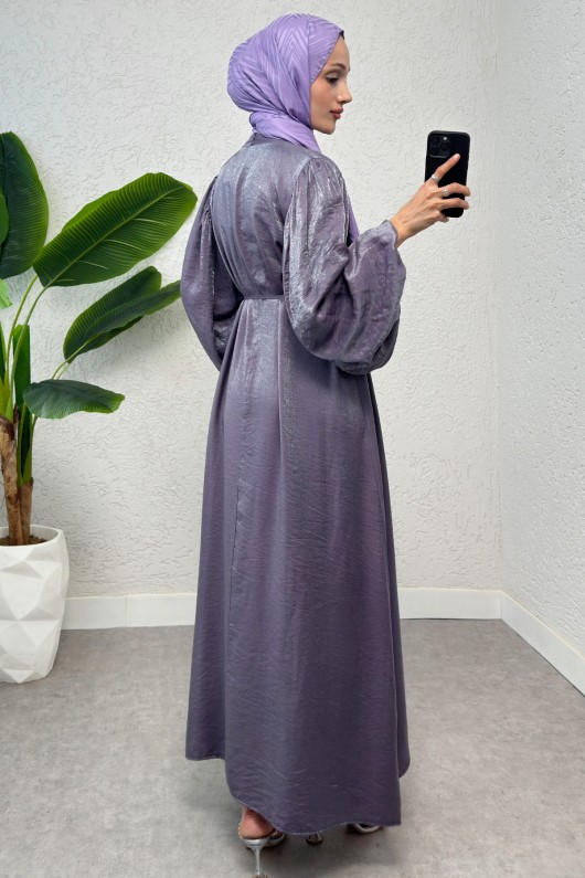 2025 Balon Kol İp Kemerli Elbise - MOR