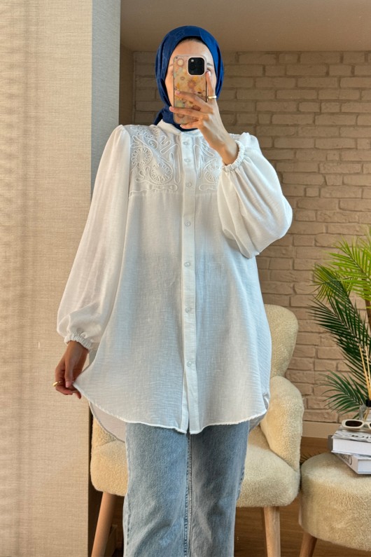 2027 Nakış Detaylı Keten Tunik - BEYAZ