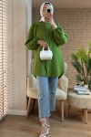 2027 Nakış Detaylı Keten Tunik - YAĞ YEŞİLİ