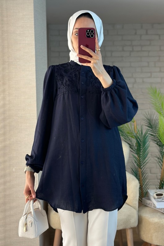 2027 Nakış Detaylı Keten Tunik - LACİVERT