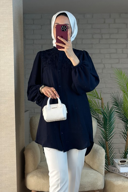 2027 Nakış Detaylı Keten Tunik - LACİVERT