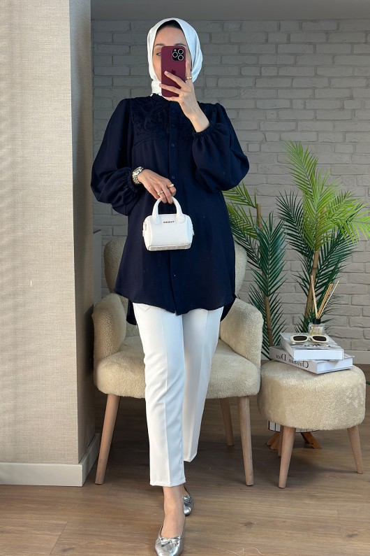 2027 Nakış Detaylı Keten Tunik - LACİVERT