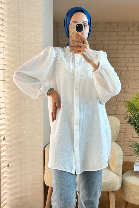 2027 Nakış Detaylı Keten Tunik - BEYAZ