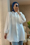 2027 Nakış Detaylı Keten Tunik - BEYAZ
