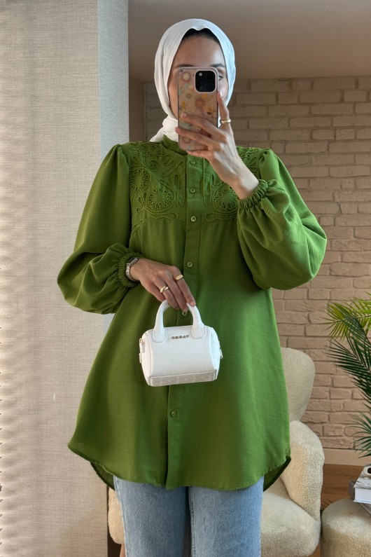 2027 Nakış Detaylı Keten Tunik - YAĞ YEŞİLİ