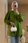 2027 Nakış Detaylı Keten Tunik - YAĞ YEŞİLİ