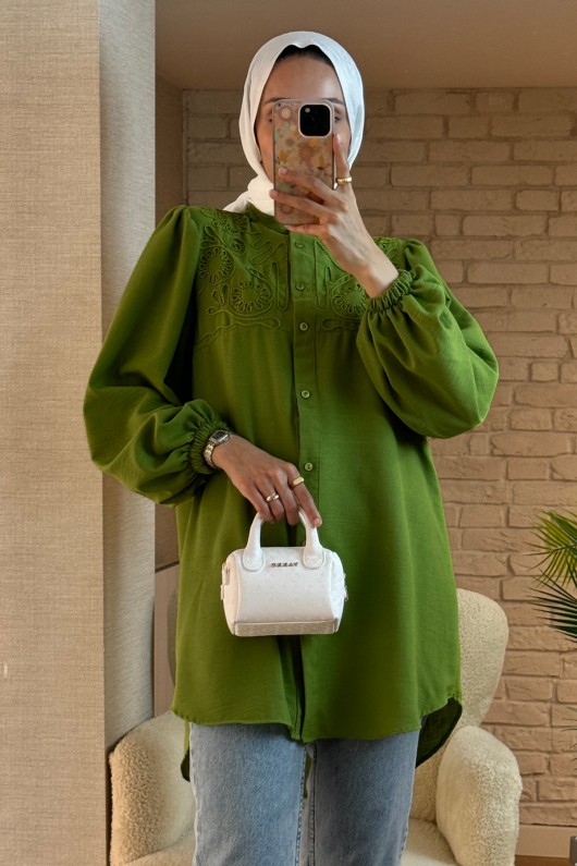 2027 Nakış Detaylı Keten Tunik - YAĞ YEŞİLİ