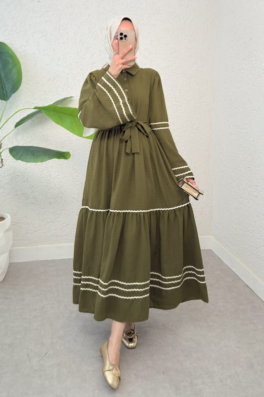 İspanyol Kol Kuşaklı Elbise 2035 - KOYU HAKİ İspanyol Kol Kuşaklı Elbise 2035 - KOYU HAKİ