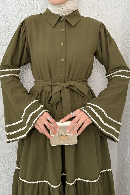 İspanyol Kol Kuşaklı Elbise 2035 - KOYU HAKİ İspanyol Kol Kuşaklı Elbise 2035 - KOYU HAKİ