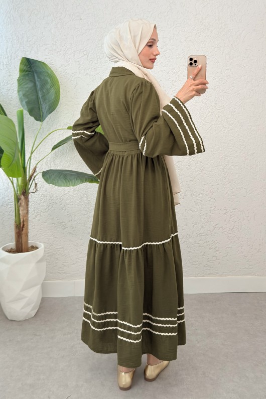 İspanyol Kol Kuşaklı Elbise 2035 - KOYU HAKİ İspanyol Kol Kuşaklı Elbise 2035 - KOYU HAKİ