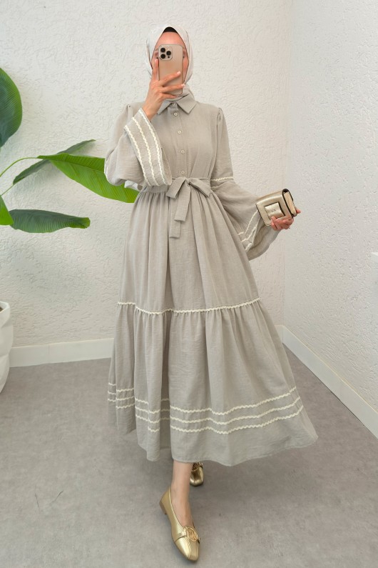 İspanyol Kol Kuşaklı Elbise 2035 - KOYU TAŞ İspanyol Kol Kuşaklı Elbise 2035 - KOYU TAŞ