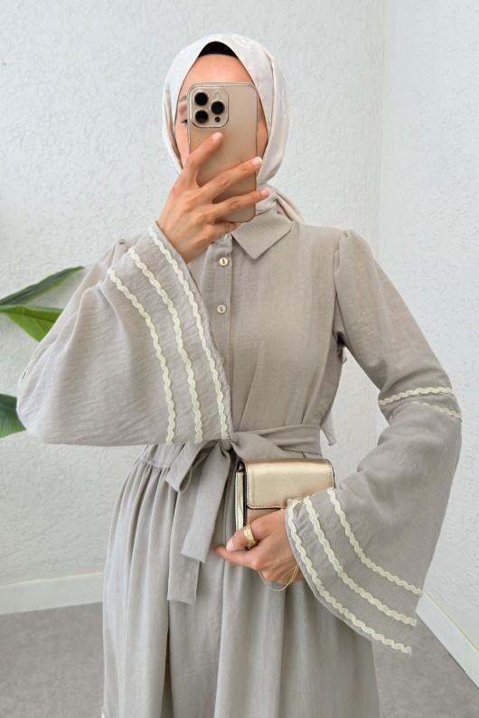 İspanyol Kol Kuşaklı Elbise 2035 - KOYU TAŞ İspanyol Kol Kuşaklı Elbise 2035 - KOYU TAŞ