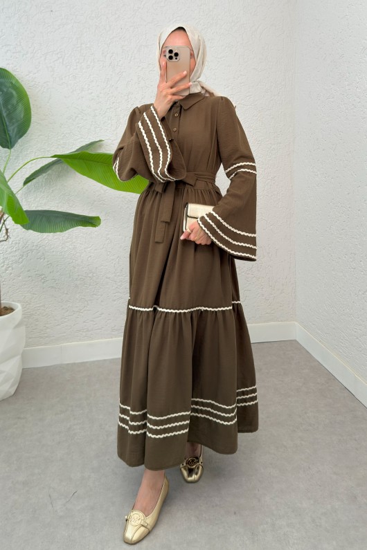 İspanyol Kol Kuşaklı Elbise 2035 - KAHVERENGİ