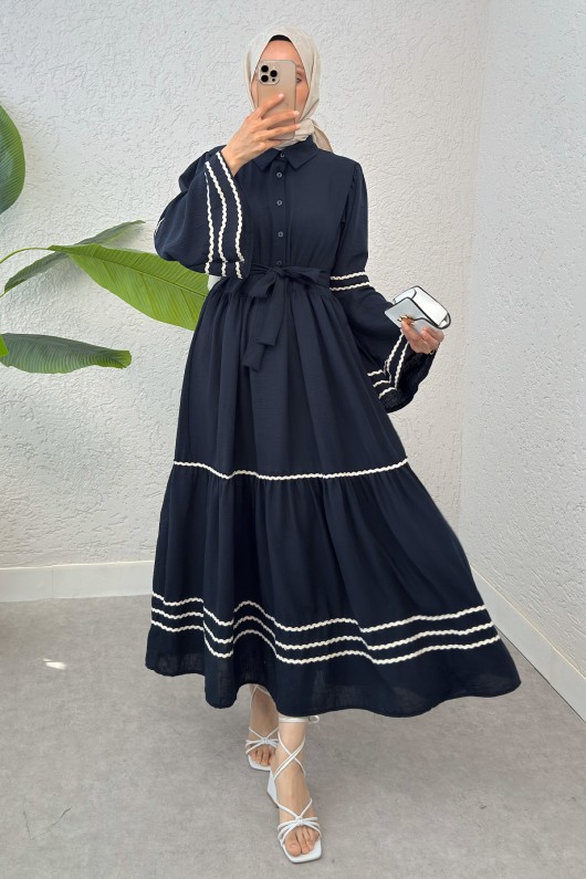 İspanyol Kol Kuşaklı Elbise 2035 - LACİVERT