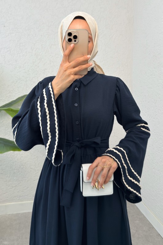 İspanyol Kol Kuşaklı Elbise 2035 - LACİVERT